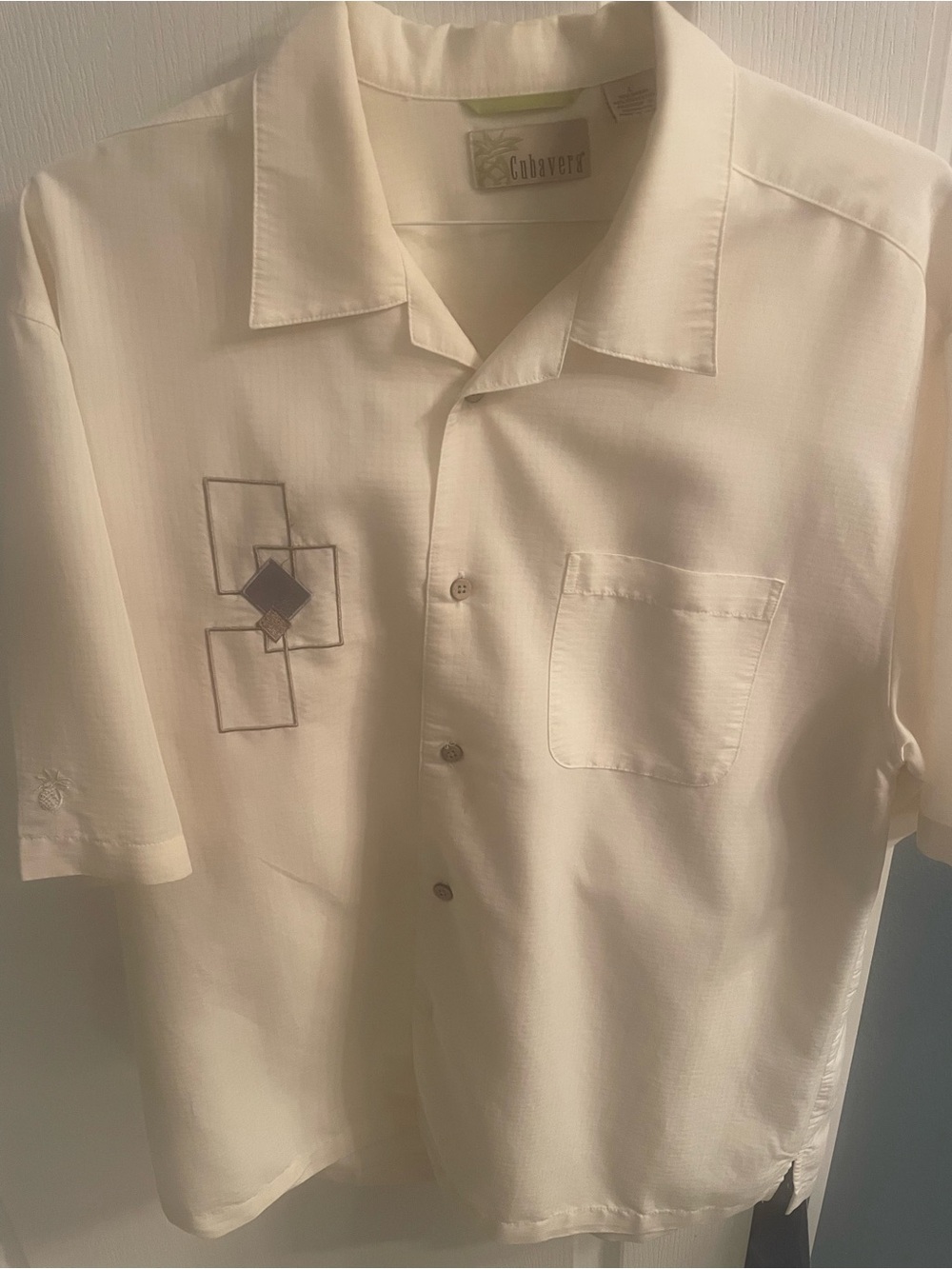 Cubavera Cream Short-Sleeve Button-Down Camp Shirt with Geometric Embroidery
